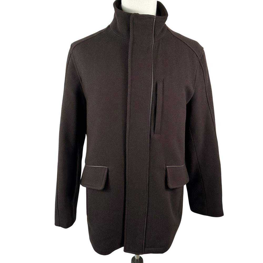 Cole Haan Wool Blend Jacket Men M Brown Full Zip Coat Double Layer Built In Bib